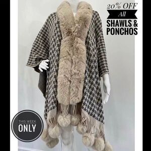 Elegant Women's - Faux Fur Poncho Cape - Stone